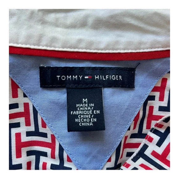Tommy Hilfiger Y2K Red Blue TH‎ Logo Print Button Down Shirt Women Size Medium - Picture 7 of 10